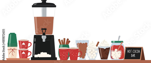 Illustration of a festive hot cocoa bar featuring a dispenser, mugs, whipped cream, marshmallows, and cinnamon sticks.