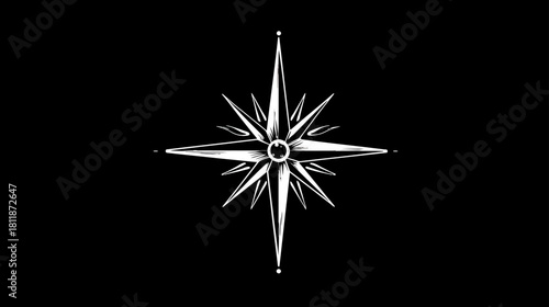 Stylized white compass rose symbol on a black background, representing direction, navigation, guidance, exploration, and travel.