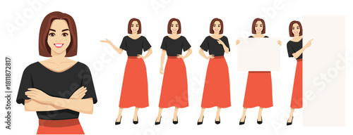 Young business woman in different poses, showing something or holding and pointing to the empty blank board set. Isolated vector illustration collection