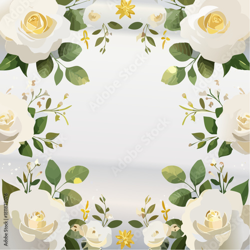 Elegant Floral Frame Illustration with Pristine White Roses and Lush Green Foliage, Ideal for Wedding Invitations, Greeting Cards, or Luxurious Event Announcements