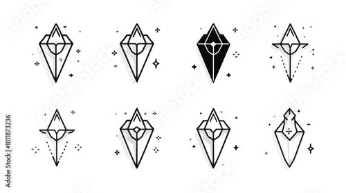 Collection of minimal line art geometric crystal icons. Abstract diamond and gem shapes with sparkle elements for magic and esoteric design.