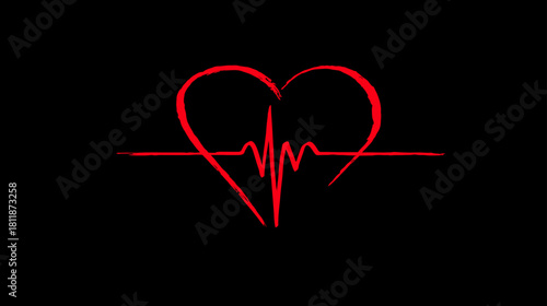 Red heart symbol with dynamic heartbeat line on black background. Abstract graphic representing love, life, health, and medical rhythm.