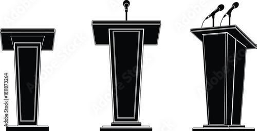 Podium microphone illustration, conference stage design, public speaking vector, presentation stand drawing, debate platform art, cad drawing flat vector illustration
