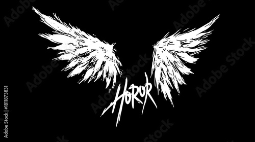 Grungy White Angel Wings and Stylized Horror Text on Black Background for Dark, Edgy Design Concepts and Themes