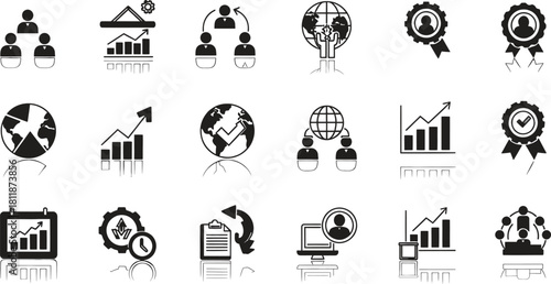 Black and white vector icons representing business management concepts in detail