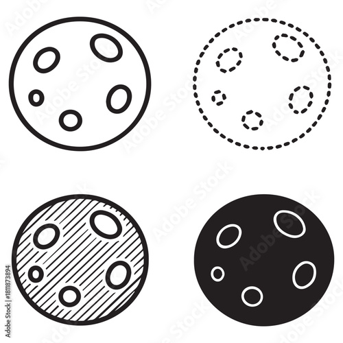 Four variations of a moon illustration with craters, in line art and solid fill.