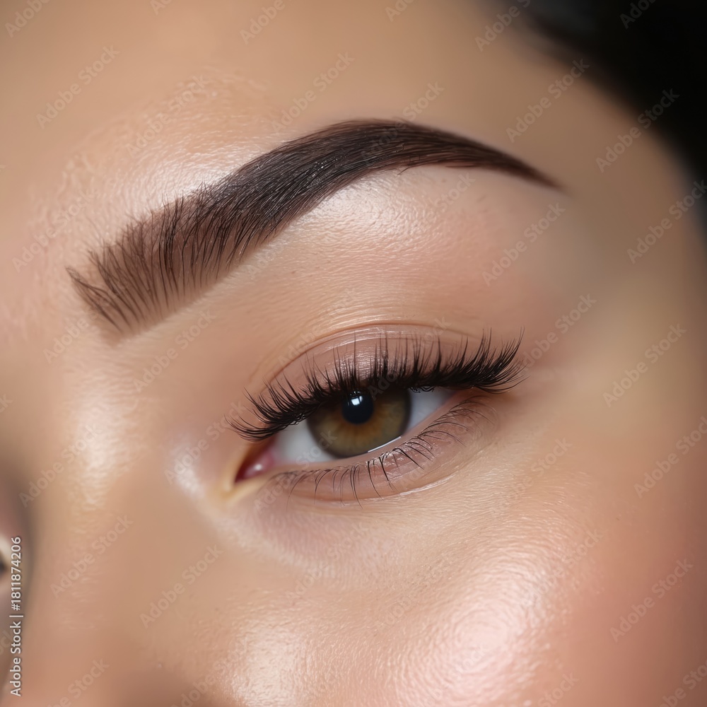 Naklejka premium Close-up of womans eye permanent eyebrow makeup. Detailed brow definition, eyelash extensions create glamorous look. Portrait highlights beauty, cosmetic enhancement for skincare routines.