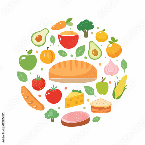 Colorful illustration of a balanced diet, featuring fresh fruits, vegetables, grains, and proteins arranged in a circle, symbolizing healthy eating and good nutrition