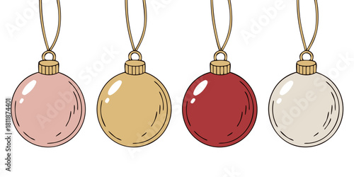 set of christmas balls on transparent Background. Set of Vintage Christmas Ball Ornaments Vector Illustration. Vector Set of Gold, Red, and Pink Flat Christmas Balls on transparent background.