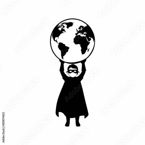silhouette vector illustration of a little boy in a hero costume lifting a globe, world children day design concept