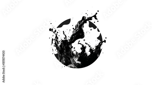 Dynamic black liquid splash in a circular shape on a white background. Abstract ink flow or paint splatter graphic design.