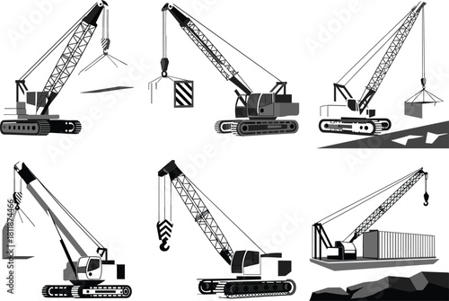 Construction crane heavy machinery, building equipment lifting load, industrial transport vehicle, engineering design structure, cad drawing flat vector illustration