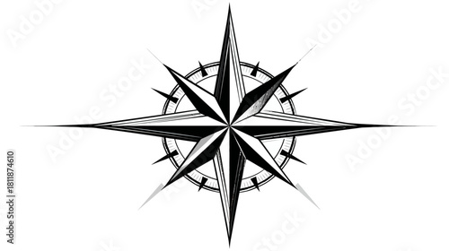 Classic black and white compass rose graphic for navigation, direction, travel, exploration, guidance, and discovery symbol