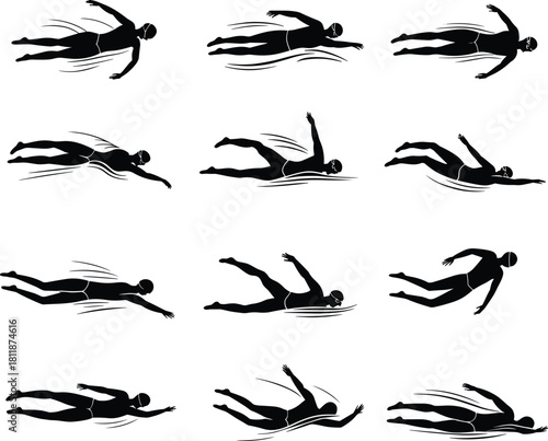 Swimming athlete silhouette, different freestyle stroke positions, training motion sequence, sports activity design, cad drawing flat vector illustration