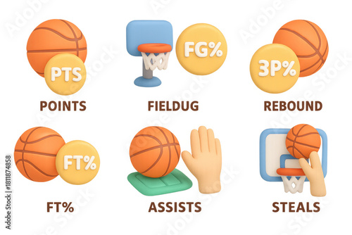 Basketball statistics icons in trendy 3d style for sports performance analysis