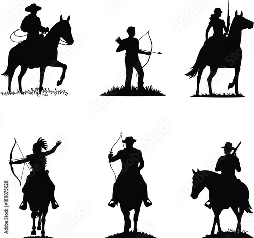 Cowboy on horse, archer silhouette, western rider illustration, hunting with bow, wild west drawing, warrior horseman vector, cad drawing flat vector illustration
