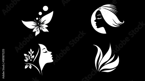 Abstract beauty and nature vector icon set with elegant female profiles, a butterfly, flower, and organic shapes for spa and wellness.