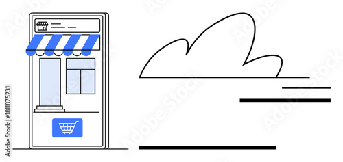 Online storefront with striped awning and shopping cart icon, accompanied by minimal cloud shape. Ideal for e-commerce, retail, online business, technology, cloud services, shopping, digital