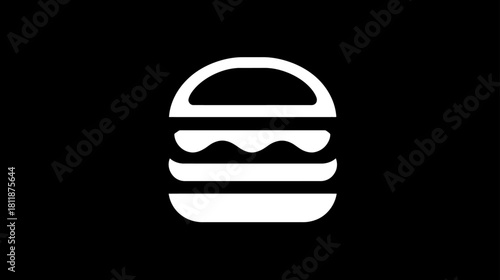 Minimalist white hamburger icon on a black background. Simple flat design vector graphic representing fast food, meals, and menu options.