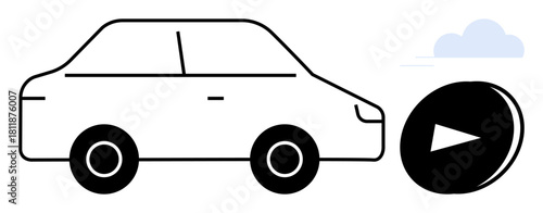 Car with clean lines and play button accent against a simple background. Ideal for technology, innovation, automation, navigation, smart mobility, transport, future concepts. Simple flat metaphor