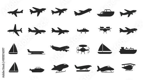 Vector silhouettes of diverse transportation modes including airplanes, helicopters, boats, and drones, isolated on white background.