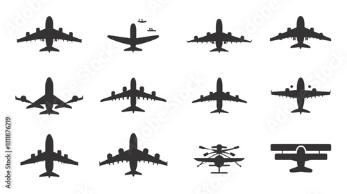 Aircraft and Airplane Silhouettes Collection: Vector Icons of Commercial Airplanes, Biplane, and Drone for Aviation and Travel
