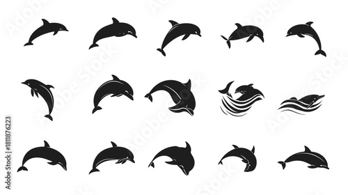 Collection of Black Dolphin Silhouettes: Graceful Marine Mammals Jumping and Swimming in Various Poses