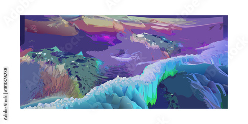 Capture a mesmerizing aerial view of a dreamlike landscape, blending vibrant colors with a touch of mystery, engulfed in a surreal atmosphere Utilize digital rendering techniques to emphasize the.