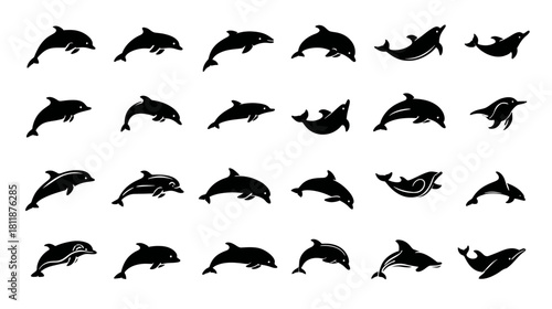Set of black dolphin silhouettes jumping and swimming, isolated vector icons for ocean wildlife design