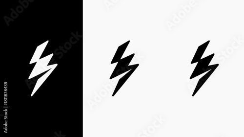 Sleek black and white lightning bolt icons representing power, energy, speed, electricity, and dynamic motion. Minimalist graphic symbol.