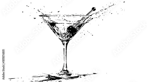 Dynamic monochrome illustration of a classic martini cocktail splashing, garnished with olives. Artistic black and white beverage design.