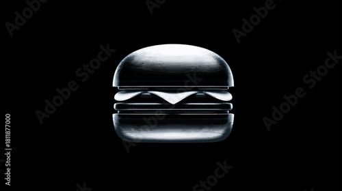 Glossy, minimalist hamburger rendered in silver tones on a stark black background, modern abstract food icon design.