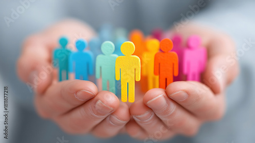 Businessman holding diverse figures to represent teamwork and supportive human resources