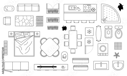 Home furniture interior top view furniture icons collection. CAD drawings