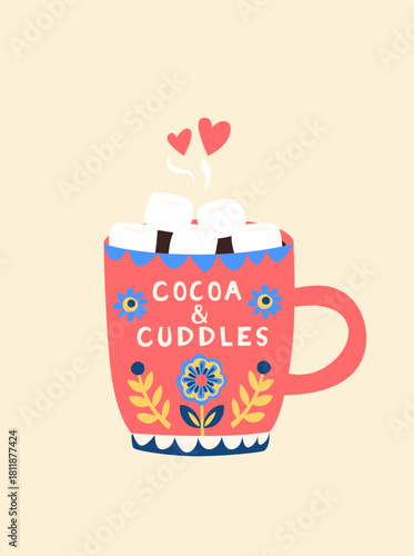Cocoa and Cuddles Hygge Hot Chocolate with Marshmallows, Cozy Scandinavian Winter Illustration