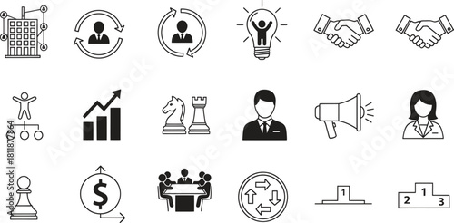 Business and strategy icons representing leadership growth and success teamwork
