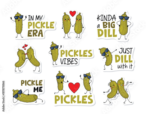Funny Stickers with Cucumber Pickles in Sunglasses and humorous quotes. Cute stickers designs collection with funny pickle relish characters. Food vector illustration