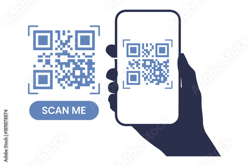 Hand holding smartphone scanning a QR code for contactless payment, featuring mobile barcode reader technology for digital verification, online access, apps, UI, landing pages, and modern web banners.