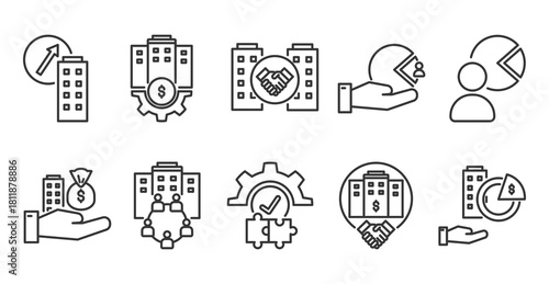 acquisition icon pack in creative outline vector style ideal for merger planning corporate expansion investment negotiations business strategy visuals and deal presentations