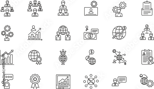 Business management and global strategy icons set in outline style