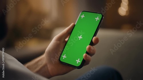 Wallpaper Mural Close up of a male hand holding a smartphone with a green screen and tracking markers being touched by a finger in a warm ambient light setting perfect for digital content creation and app Torontodigital.ca