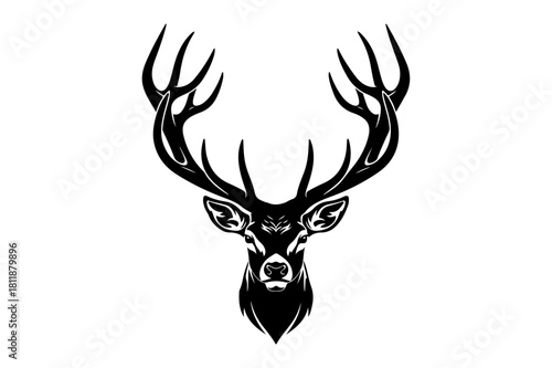 Majestic deer head with antlers black and white vector illustration