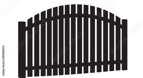 Curved iron gate with vertical bars creating a bold silhouette against an outdoor boundary.