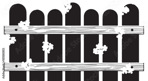 Decorative wrought iron gate with vertical bars and climbing vines in silhouette.