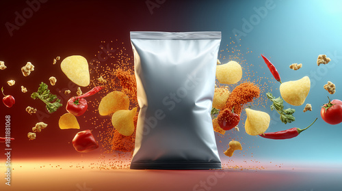 Silver Snack Bag Mockup with Exploding Chips, Peppers, Tomatoes, Parsley, and Seasonings on Split Warm and Cool Background
