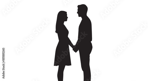 Silhouetted couple holding hands facing each other in profile at a distance.