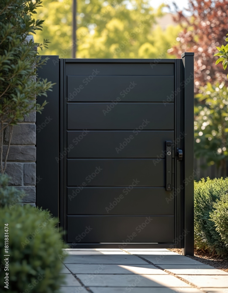 Naklejka premium Modern black metal gate with sleek horizontal lines and smart lock. The entrance to a neat residential garden with rich green bushes and trees provides access and security.