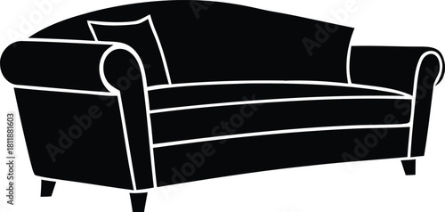Elegant black silhouette of a classic sofa with rolled arms and a cushion, isolated on a white background. Vector, illustration