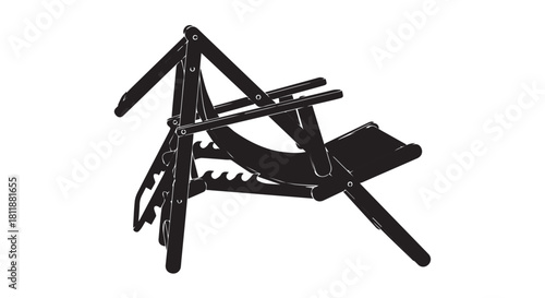Black silhouette of a folding camping chair with extended legs and backrest in a simple vector design.
