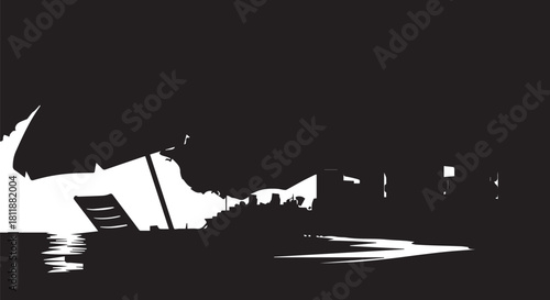 Dramatic silhouette of a distant boat along a quiet shoreline at dusk.